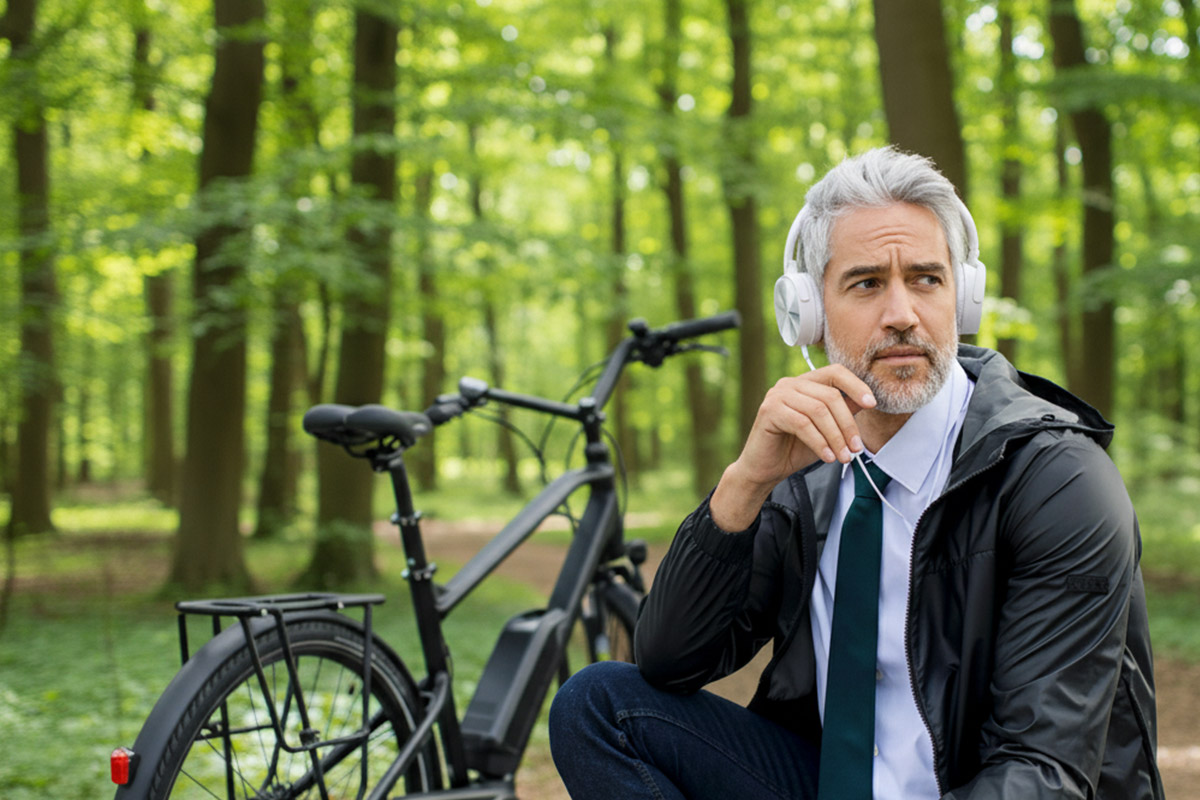 Foto von einem überfragtem E-Bike-Fahrer im Wald